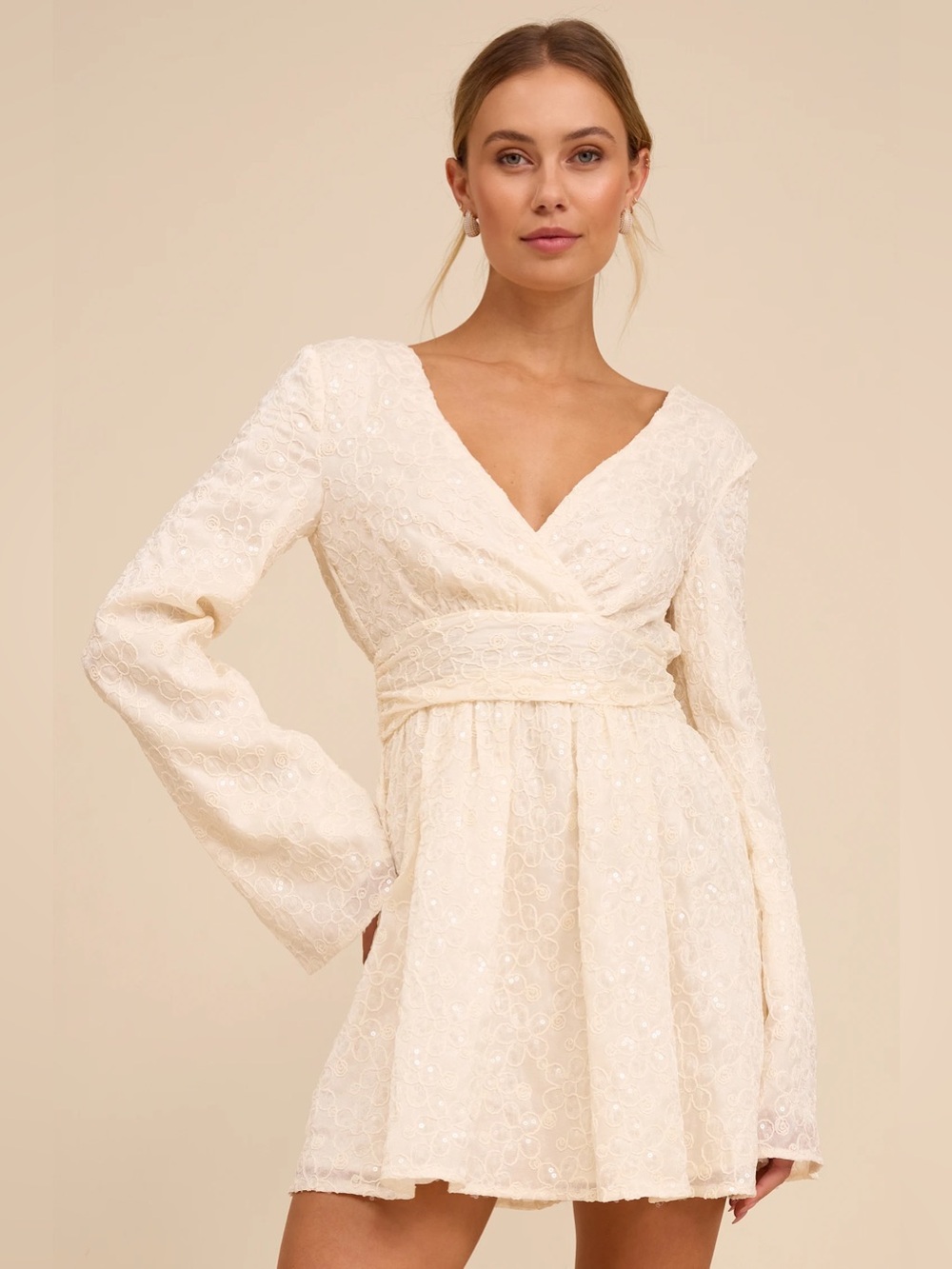 Lulus Catarina Ivory Embroidered Sequin Long Sleeve Mini Dress